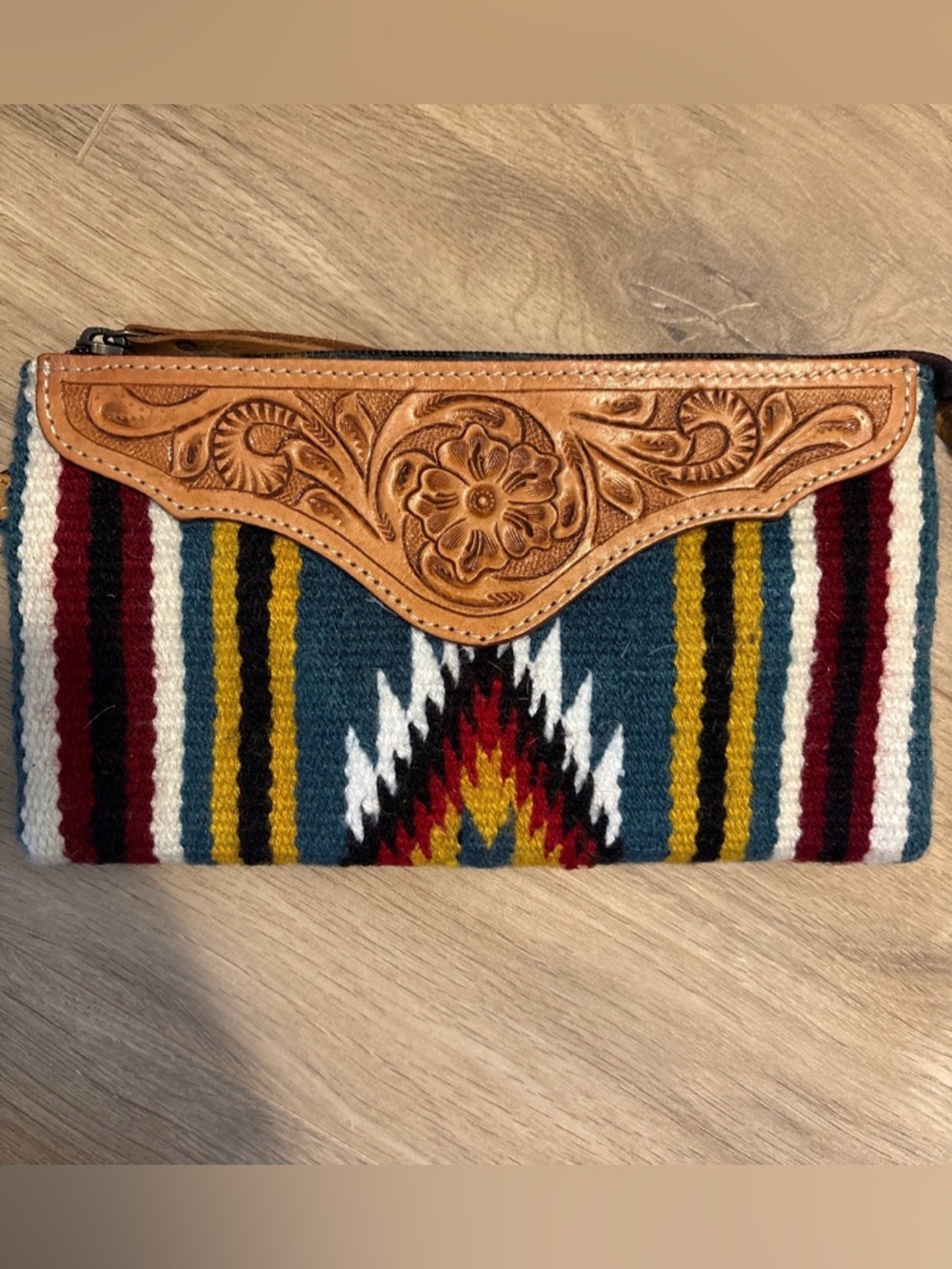 Striped Southwestern Zip Clutch with Tooled Leather Trim - Teal & Tan